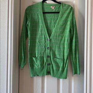 Green cardigan with gray stripes